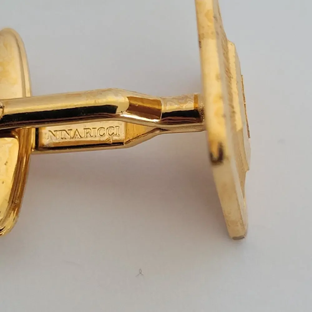 Nina Ricci‎ N French Cufflinks Set Gold Tone Logo Rectangle Box Retro Vintage